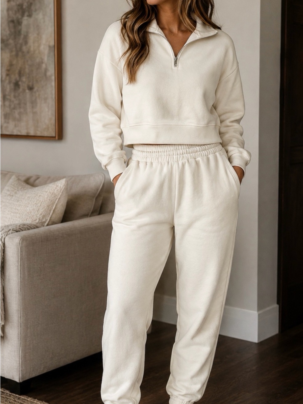 Cropped Cream Quarter-Zip Sweatshirt  and Sweatpants XS matching Set